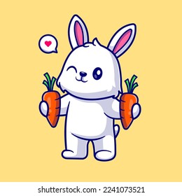 Cute Rabbit Holding Carrot Cartoon Vector Icon Illustration. Animal Nature Icon Concept Isolated Premium Vector. Flat Cartoon Style