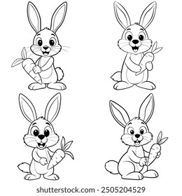 Cute rabbit holding carrot cartoon bundle. Coloring page for kids