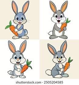 Cute rabbit holding carrot cartoon bundle. Isolated premium vector illustration