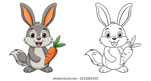 Cute Rabbit Holding Carrot Cartoon. Rabbit Coloring Page. Animal Coloring Printable. Rabbit Coloring Book For Kids