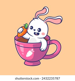 Cute Rabbit Holding Carrot In Coffee Cartoon Vector Icon Illustration. Animal Drink Icon Concept Isolated Premium Vector. Flat Cartoon Style
