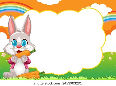 Cute rabbit holding a carrot, colorful nature background.