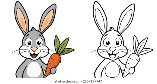 Cute Rabbit Holding Carrot Coloring Page For Kids Vector Illustration