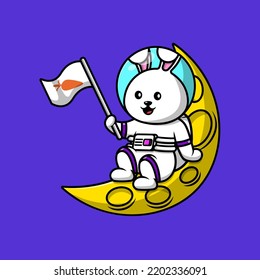 Cute Rabbit Holding Carrot Flag On Moon Cartoon Vector Icon Illustration. Flat Cartoon Concept