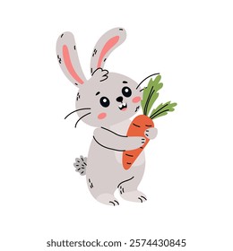 cute rabbit holding carrot, in flat design style. vector illustration white background, for spring, Easter, gardening themes. for greeting cards, children's books, or any playful designs.