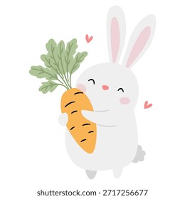 Cute rabbit holding a carrot. Flat vector illustration in a simple children's style. 