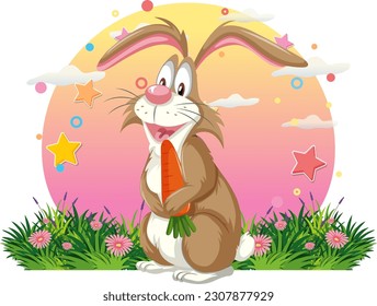 Cute rabbit holding carrot in the flower field illustration