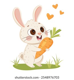 Lindo conejo sosteniendo zanahoria. Estilo de dibujos animados planos dibujados a mano. Comida de animales, conejito de zanahoria del amor Icon. Ilustración vectorial aislada del carácter del animal doméstico. Ilustración vectorial