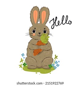 Cute rabbit holding a carrot isolated on a white background. Vector graphics.