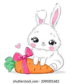Cute rabbit holding a carrot and pink bow. Сhildish vector illustration. Bunny Print design for childrens