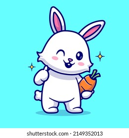 Cute Rabbit Holding Carrot With Thumb Up Cartoon Vector Icon Illustration. Animal Nature Icon Concept Isolated Premium Vector. Flat Cartoon Style