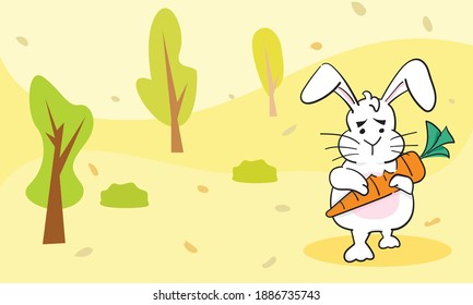 Cute rabbit holding a carrot traveling with forest in fall. Autumn. vector illustrator Minimalist cartoon style. doodle cartoon