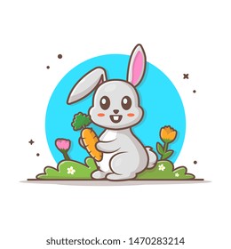 Cute Rabbit Holding Carrot Vector Illustration. Spring Bunny Mascot Logo. Flowers Garden. Pet Cartoon. Flat Cartoon Style Suitable for Web Landing Page, Banner, Flyer, Sticker, Wallpaper, Background