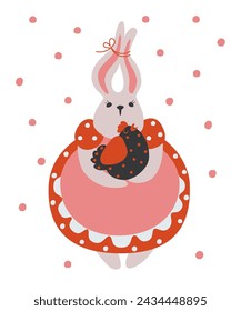 Cute rabbit holding a chicken. Care and love. Vector illustration