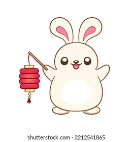 Cute rabbit holding a Chinese lantern cartoon illustration.  Chinese Zodiac Animal, Year of the Rabbit 2023, New year and Mid Autumn Moon festival clip art.