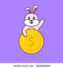 Cute rabbit holding coin. Animal cartoon concept isolated. Can used for t-shirt, greeting card, invitation card or mascot.