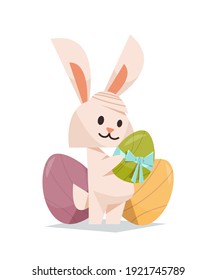 conejo lindo sosteniendo huevos decorados feliz primavera primavera fiesta de bienvenida carteles de bienvenida ilustración horizontal vector
