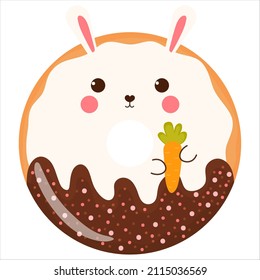 Cute rabbit holding rabbit donut with chocolate glaze, tasty sweets for kids in cartoon childish style