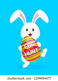Cute rabbit holding Easter egg. Special offer for Easter. Easter eggs hant, illustration isolated on blue background. Great for your design of poster, greeting card and banner.