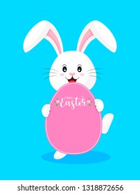 Cute rabbit holding egg shape paper. Special offer for Easter. Easter eggs hanging, illustration isolated on blue background. Great for your design of poster, greeting card and banner.