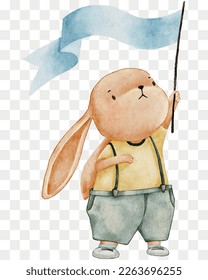 Bandera de la mano del Conejo Cuto,Pintura de mano de color de caricatura Bunny,Elemento de carácter de liebre para tarjeta de saludo de Pascua,Primavera,Afiche de verano,Retrato de ilustración del vector sobre fondo transparente