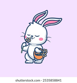 Cute Rabbit Holding Flower Cartoon Vector Icon Illustration. Animal Nature Icon Concept Isolated Premium Vector. Flat Cartoon Style