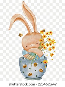 Cute Rabbit holding flower sitting in  coffee cup Vector Watercolour hand paint  isolated Cartoon hand drawn Bunny transparency Hare character element for Easter greeting card Spring Summer banner