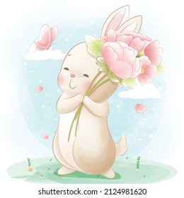 Cute rabbit holding flowers and butterfiles animal carton illustration