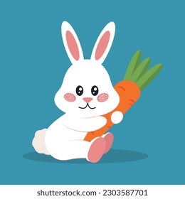 Cute rabbit holding fresh carrot, cartoon flat vector illustration.  Fluffy bunny hugging carrot. Easter holiday celebration and spring concepts.