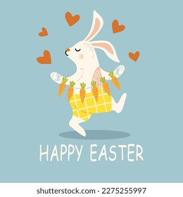 cute rabbit holding a garland of happy easter carrots