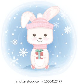 Cute rabbit holding gift box and snowflake cartoon hand drawn illustration Christmas background