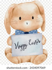 Cute Rabbit holding  Happy Easter Paper,Cartoon Watercolour hand paint Bunny Rabbit,Hare character element for Easter card,Spring,Summer poster,Vector illustration isolated portrait animal