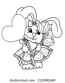 Cute rabbit holding heart balloon and flower, Easter illustration for coloring book
