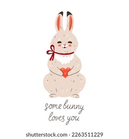 Cute rabbit holding a heart isolate on a white background. Vector graphics.