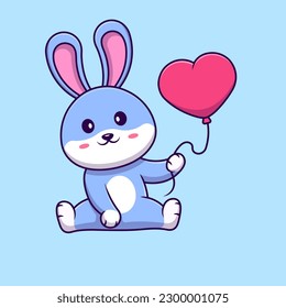 Cute Rabbit Holding Heart Love Balloon Cartoon Vector Icons Illustration. Flat Cartoon Concept. Suitable for any creative project.