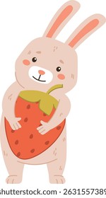 Um coelho bonito segurando um morango grande em um estilo de desenho animado divertido. O coelho tem uma expressão alegre ao abraçar a fruta. Ilustração de vetor de desenhos animados.