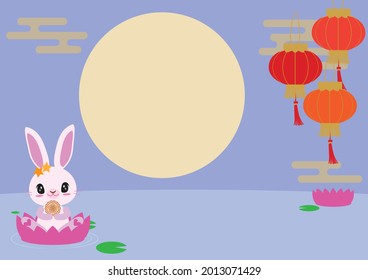 Cute Rabbit Holding Mooncake, Full Moon, Lantern, Lotus Flower and Leaf Background