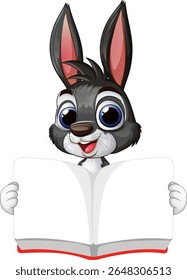 A cute rabbit holding an open book happily