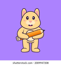 Cute rabbit holding a pencil. Animal cartoon concept isolated. Can used for t-shirt, greeting card, invitation card or mascot.