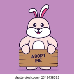Cute rabbit holding a poster Adopt me. Animal cartoon concept isolated. Can used for t-shirt, greeting card, invitation card or mascot.