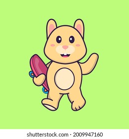 Cute rabbit holding a skateboard. Animal cartoon concept isolated. Can used for t-shirt, greeting card, invitation card or mascot.