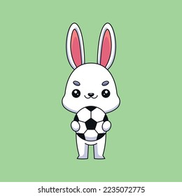 conejo lindo sosteniendo una caricatura de fútbol mascota doodle arte de mano concepto vector kawaii ilustración de icono