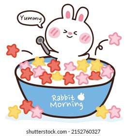 Cute rabbit holding spoon in milk with star cornflakes cereals background.Breakfast.Morning.Animal character design.Kawaii style.Bunny doodle.Kid graphic.Hand drawn.Vector.Illustration.