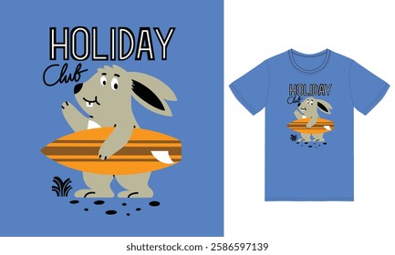 Cute rabbit holding surfboard illustration with tshirt design premium vector the Concept of Isolated Technology. Flat Cartoon Style Suitable for Landing Web Pages,T shirt, Flyers, Stickers