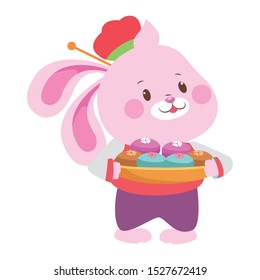 cute rabbit holding a tray with mooncakes over white background, vector illustration