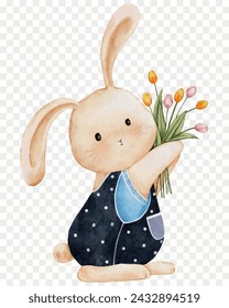 Cute Rabbit holding Tulip flower,Cartoon Watercolour hand paint Bunny Rabbit,Hare character element for Easter card,Spring,Summer poster,Vector illustration isolated portrait animal