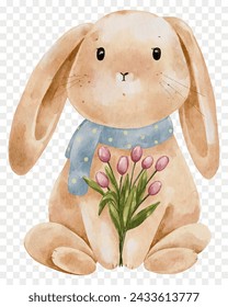 Cute Rabbit holding Tulip flower,Cartoon Watercolour hand paint Bunny Rabbit,Hare character element for Easter card,Spring,Summer poster,Vector illustration isolated portrait animal