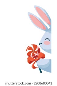 Cute rabbit holds bright tasty lollipop. Funny little sweet tooth as a symbol of seasonal holidays. Joyful illustration isolated on white background. 