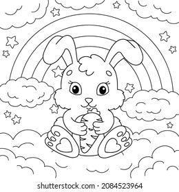 A cute rabbit holds a carrot in its paws. Coloring book page for kids. Cartoon style. Vector illustration isolated on white background.