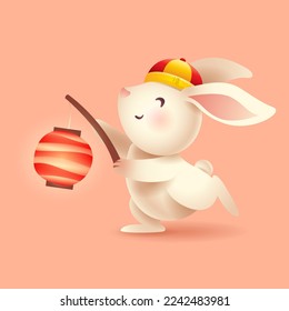 Cute rabbit holds a Chinese oriental lantern. Year of Rabbit. Translation - Good fortune.